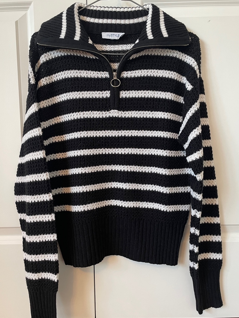Black & White Striped Half-Zip Turtleneck Sweater